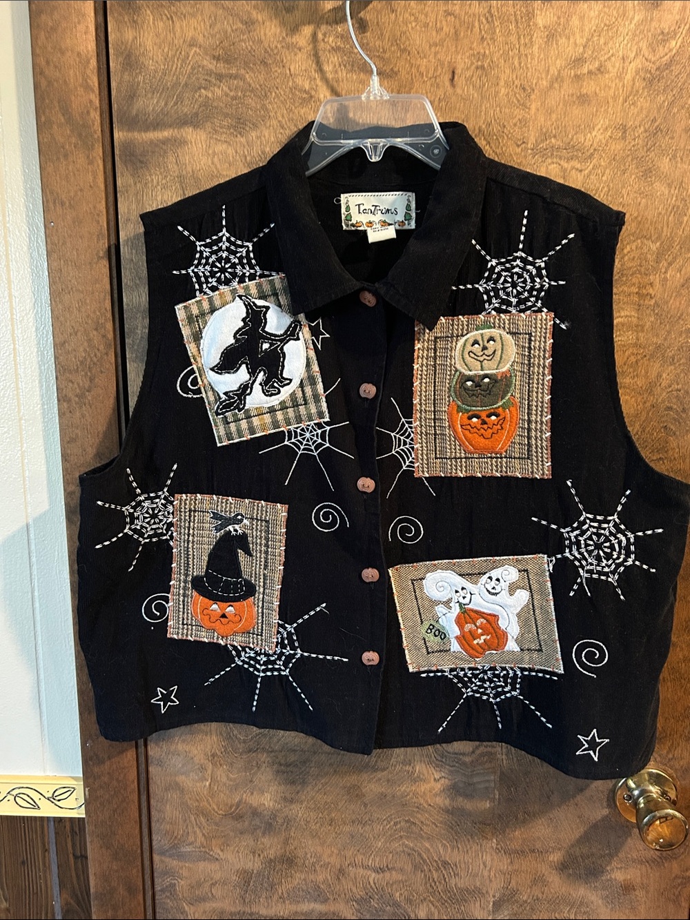 Tantrums Black Halloween Patchwork Vest with Embroidered Spiders